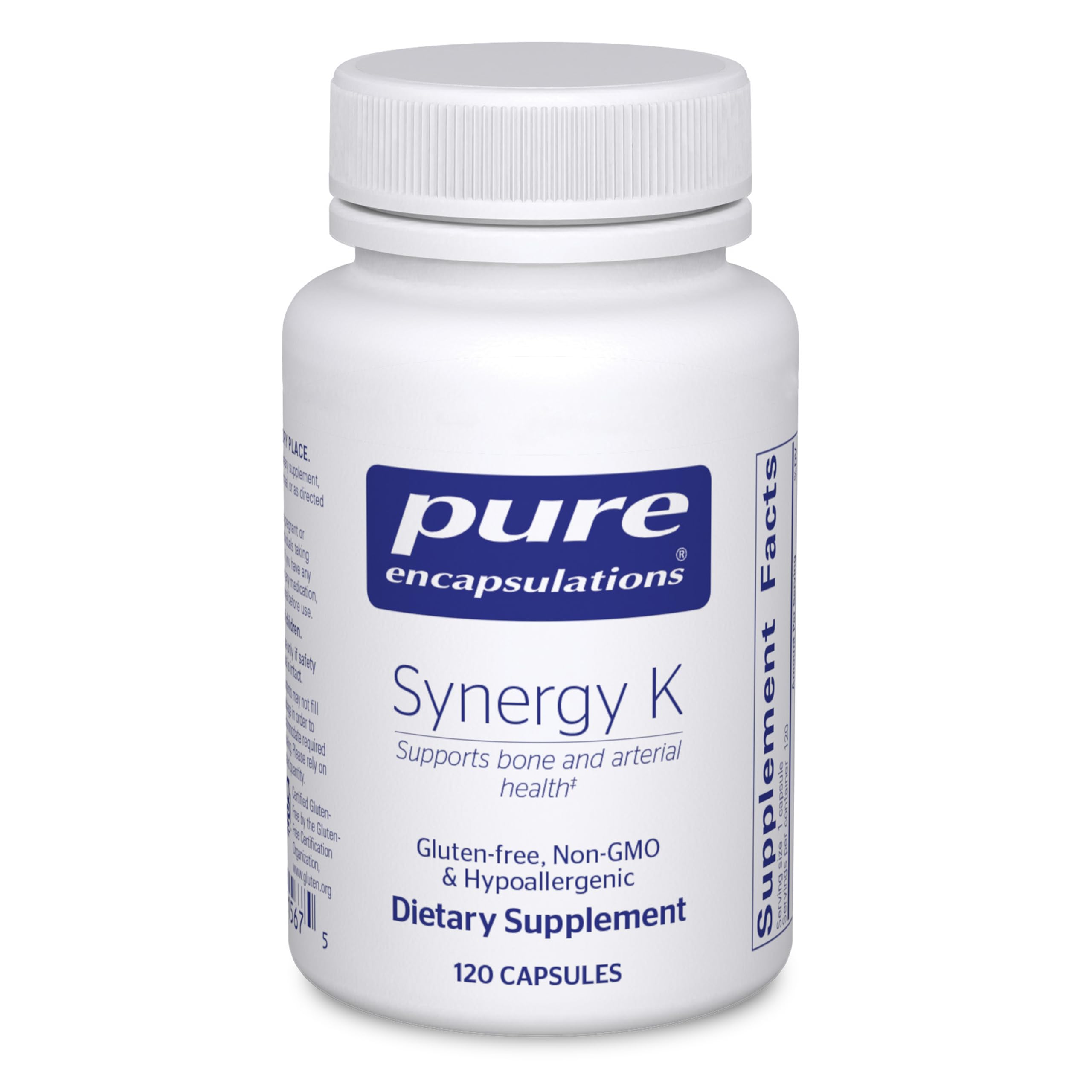 Pure Encapsulations Synergy K bottle featuring vitamins K1, K2, and D3 for bone support.