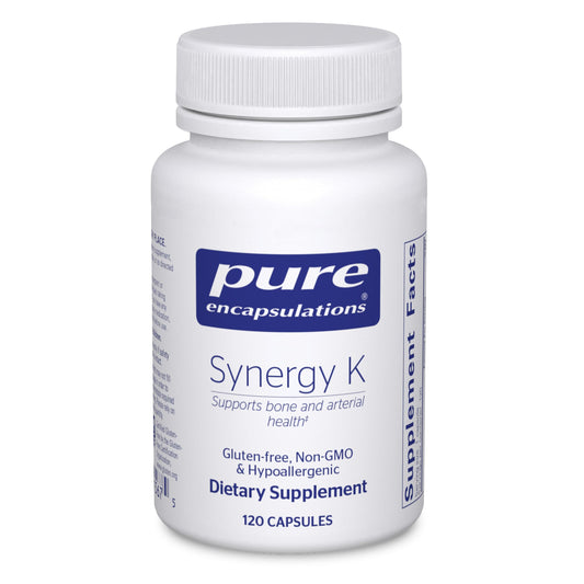 Pure Encapsulations Synergy K bottle featuring vitamins K1, K2, and D3 for bone support.