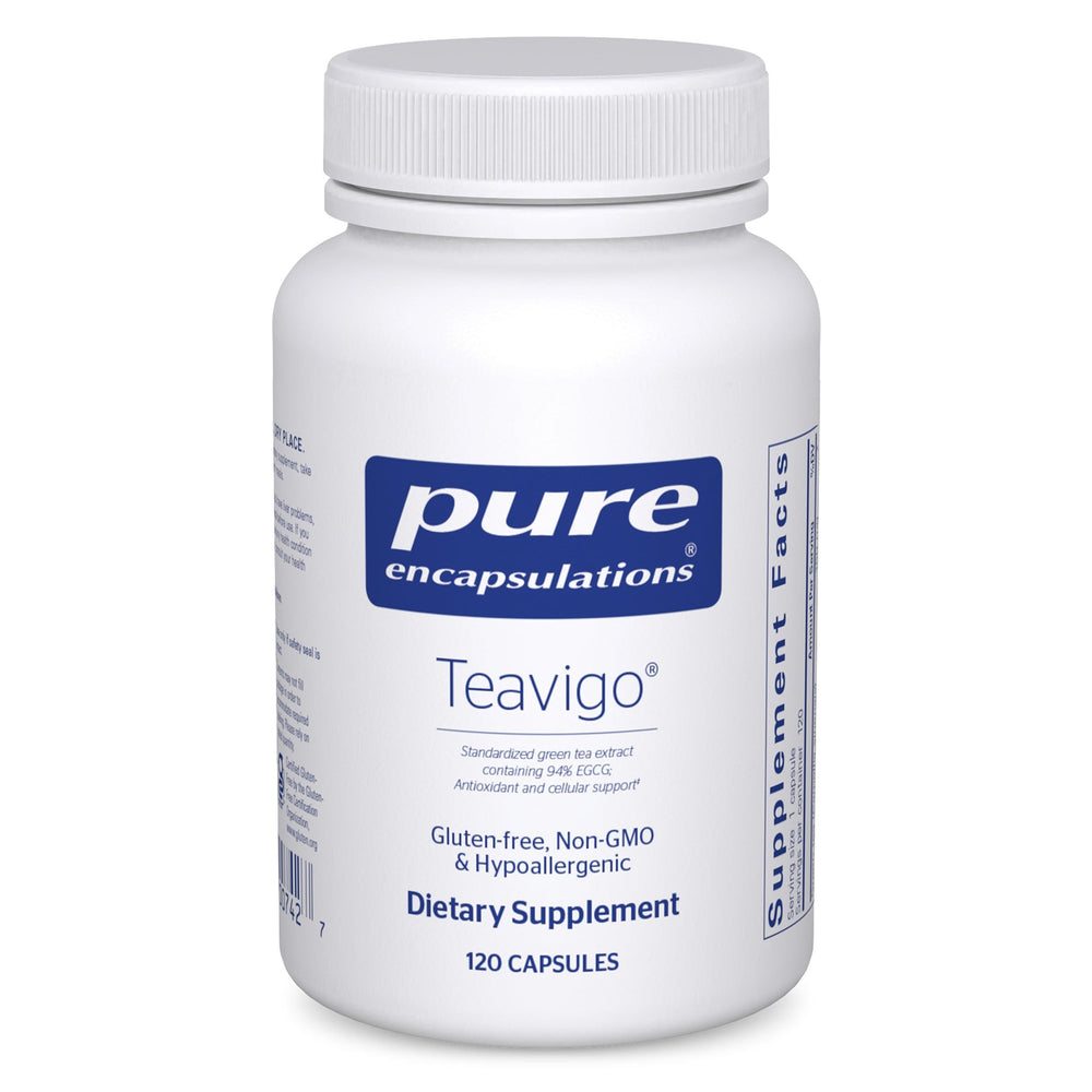 Pure Encapsulations Teavigo bottle label highlights 94% EGCG antioxidant support.