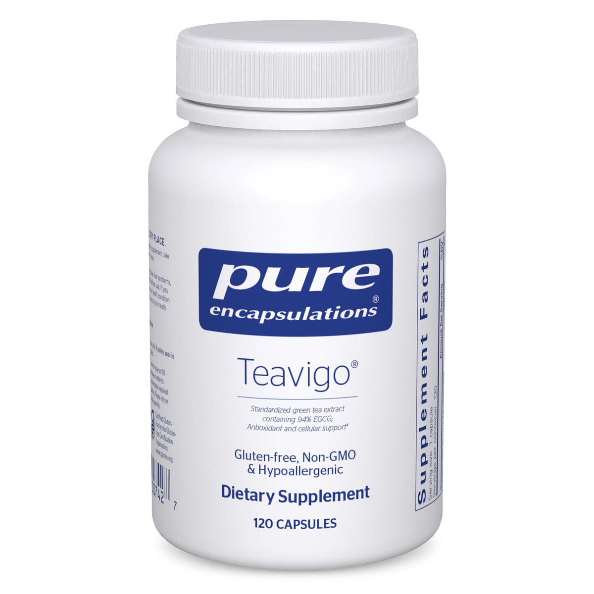 Pure Encapsulations Teavigo bottle label highlights 94% EGCG antioxidant support.