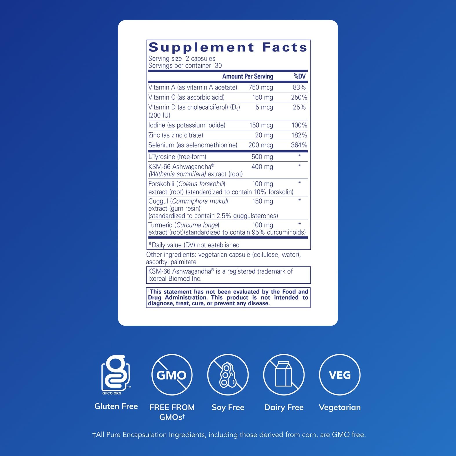 Pure Encapsulations Thyroid Support Complex tablet closeup shows vegetarian capsules.