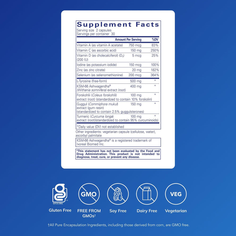 Pure Encapsulations Thyroid Support Complex tablet closeup shows vegetarian capsules.