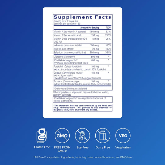 Pure Encapsulations Thyroid Support Complex tablet closeup shows vegetarian capsules.