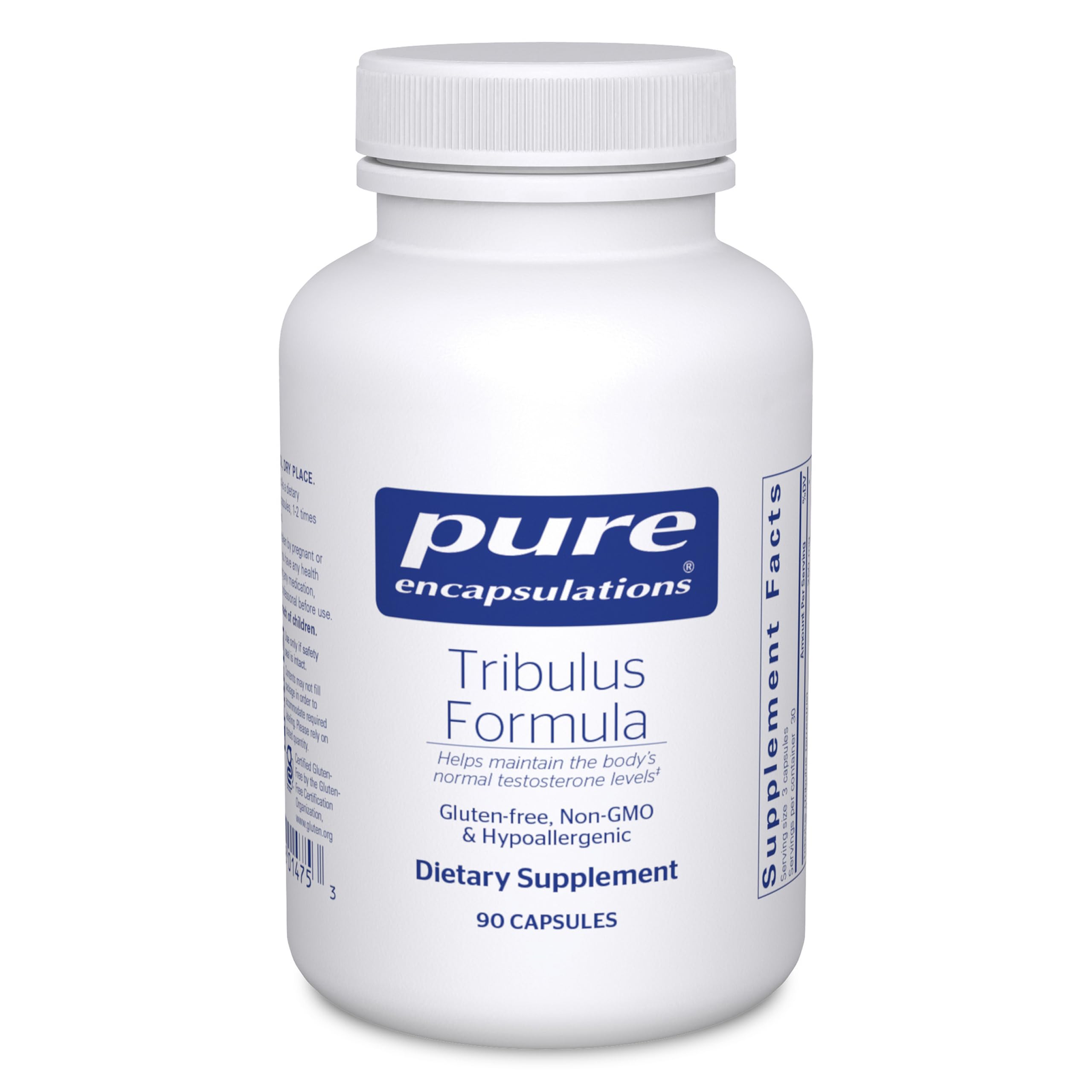 Pure Encapsulations Tribulus Formula bottle front showing premium hypoallergenic supplement for balance support.