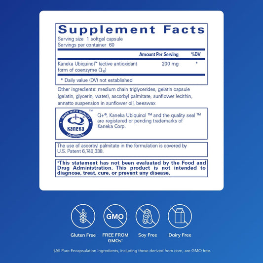 Pure Encapsulations Ubiquinol-QH 200 mg canister label closeup for cellular energy support