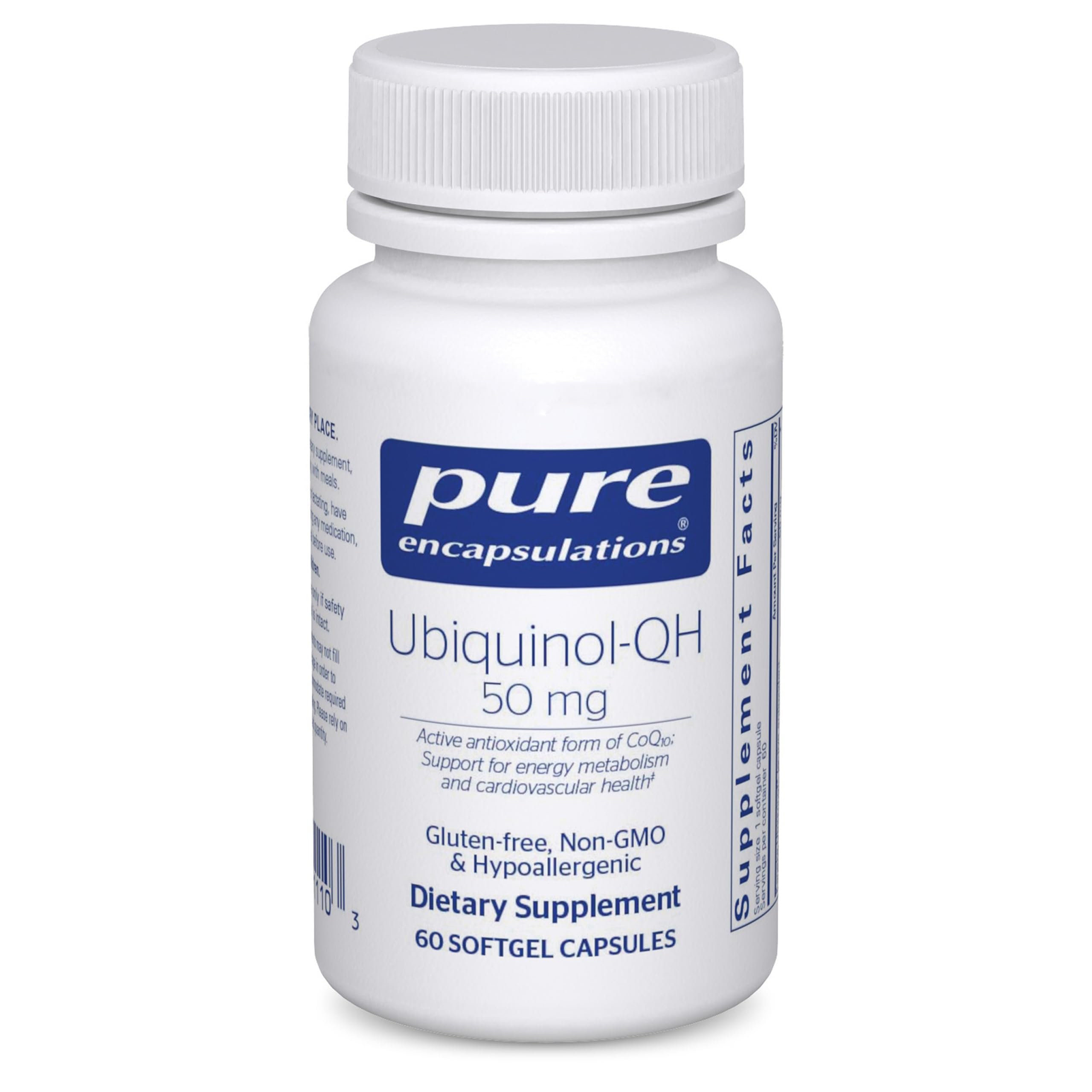 Pure Encapsulations Ubiquinol-QH 50 mg softgel bottle showcasing active CoQ10 antioxidant support.