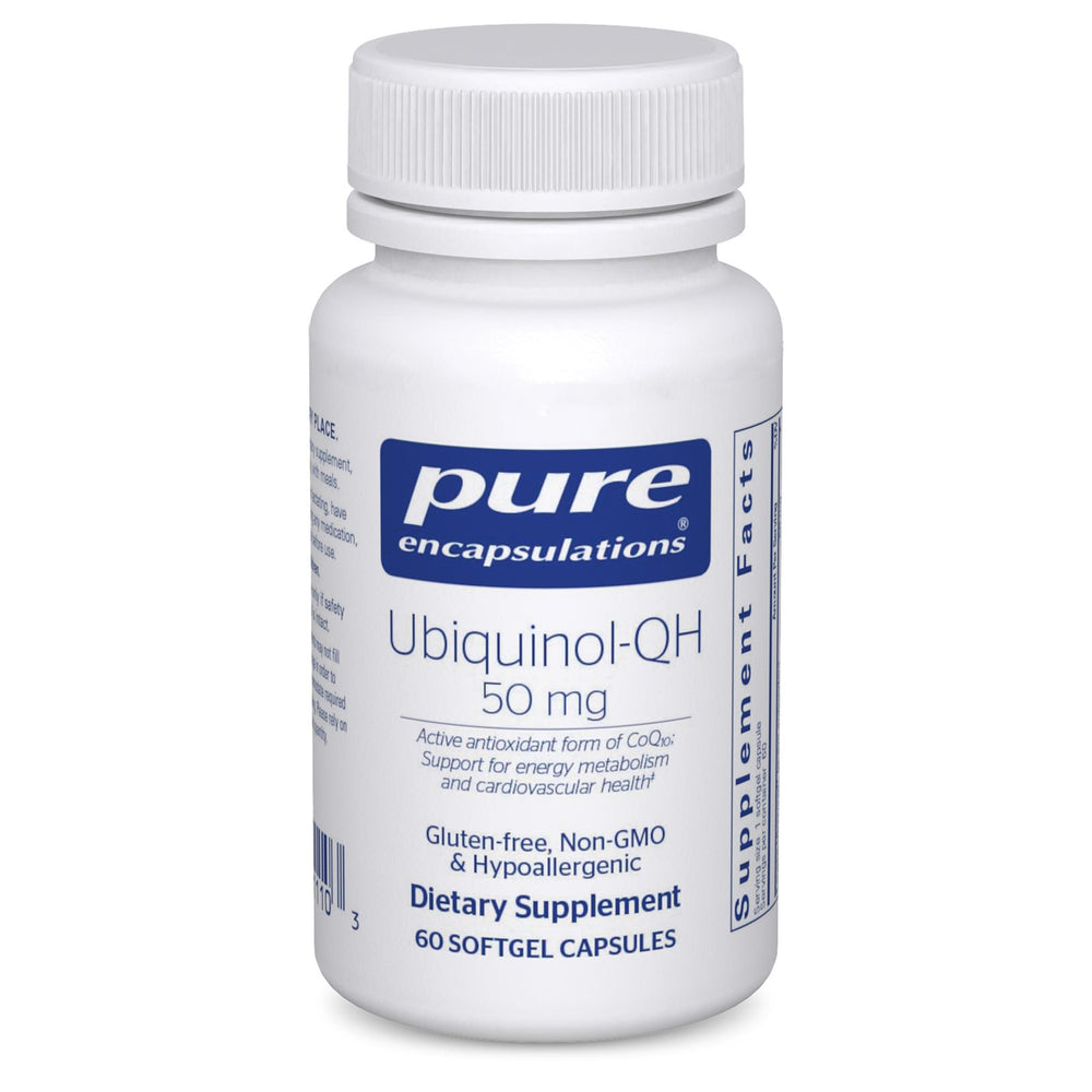 Pure Encapsulations Ubiquinol-QH 50 mg softgel bottle showcasing active CoQ10 antioxidant support.