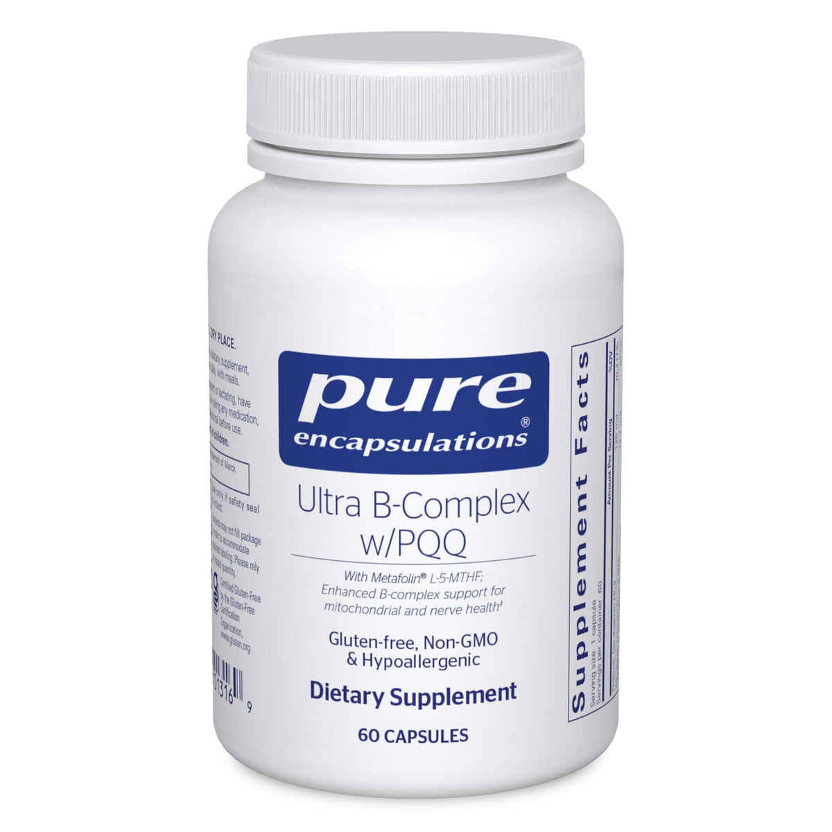 Pure Encapsulations Ultra B-Complex with PQQ bottle front showing clean, pure formula for nerve and energy support