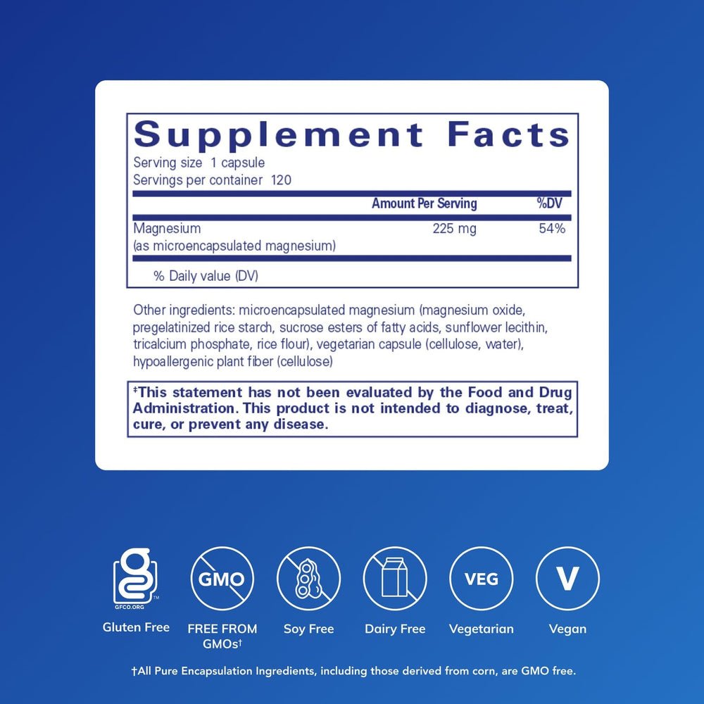 Pure Encapsulations UltraMag bottle label details highlighting vegan and non-GMO aspects.
