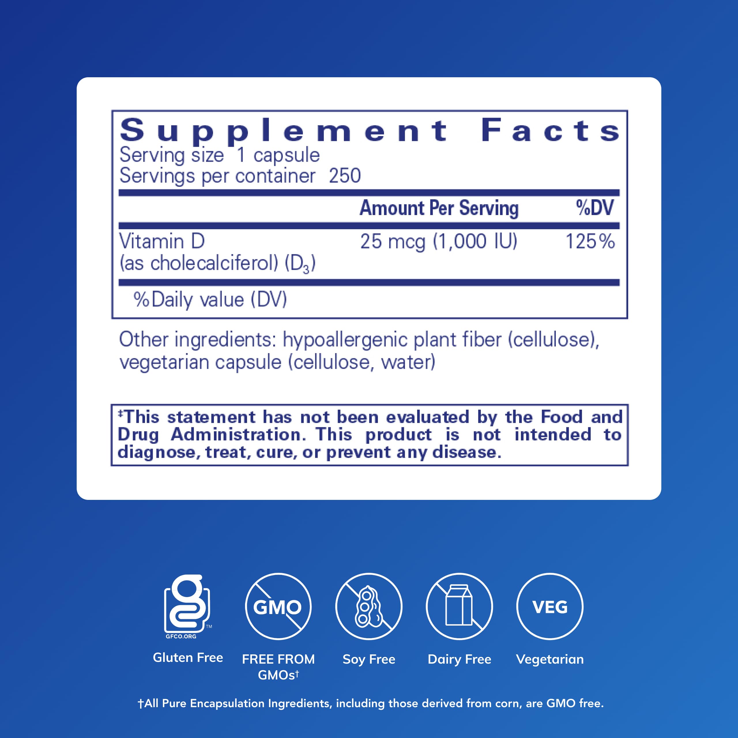 Label detail on Pure Encapsulations Vitamin D3 highlighting potency and capsule count