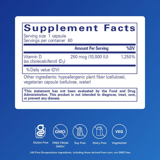 Pure Encapsulations Vitamin D3 250 mcg capsules support calcium absorption for bone health
