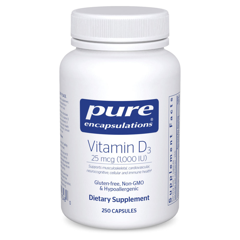 Pure Encapsulations Vitamin D3 bottle with 1000 IU capsules for daily bone support