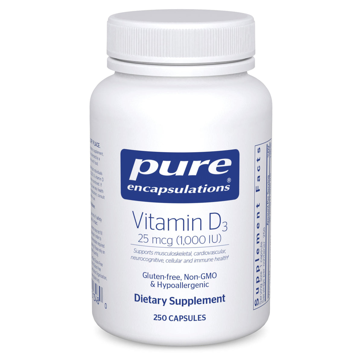 Pure Encapsulations Vitamin D3 bottle with 1000 IU capsules for daily bone support