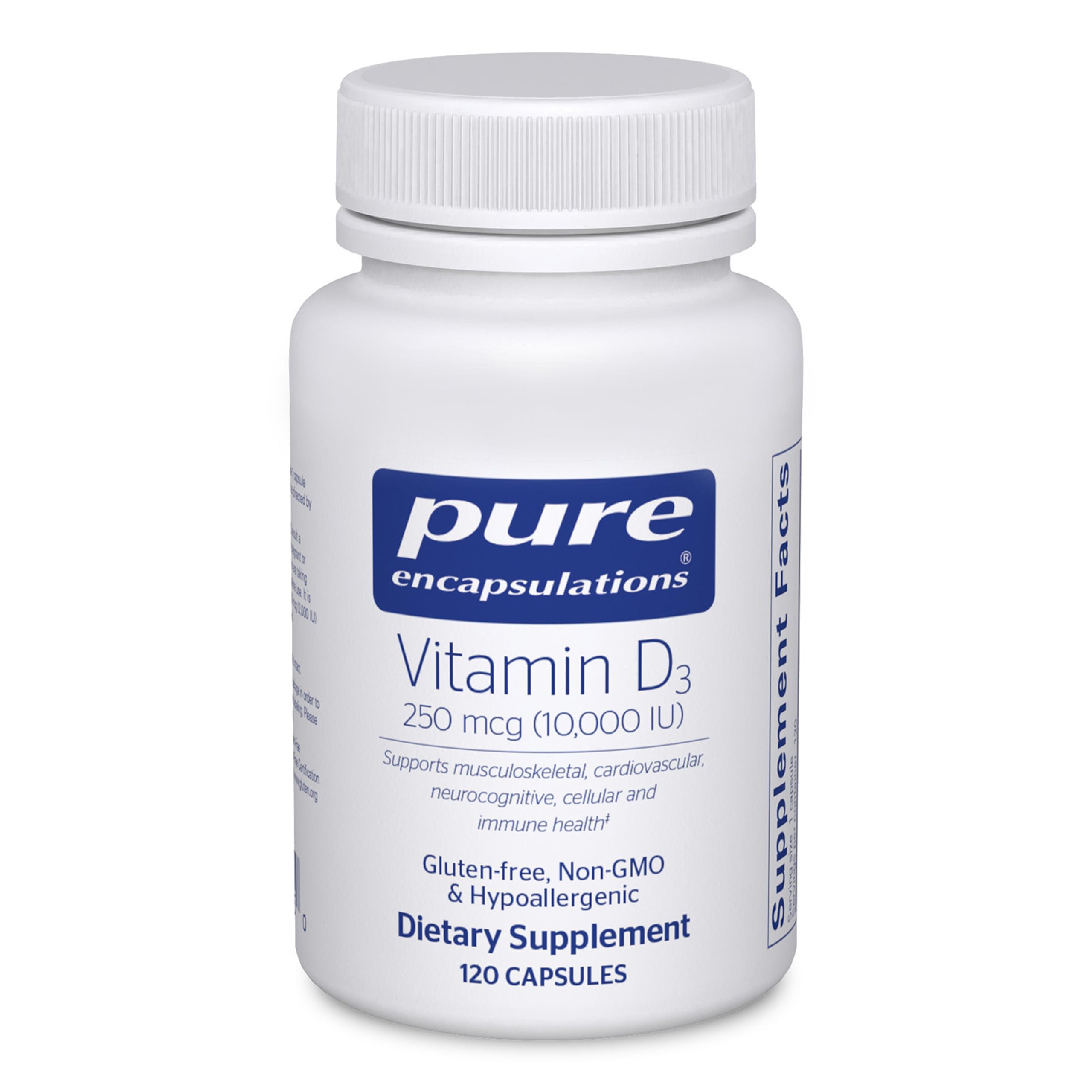 Pure Encapsulations Vitamin D3 bottle closeup highlighting high-potency formulation.