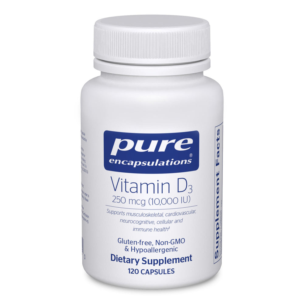Pure Encapsulations Vitamin D3 bottle closeup highlighting high-potency formulation.