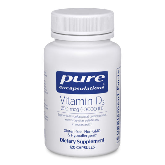 Pure Encapsulations Vitamin D3 bottle closeup highlighting high-potency formulation.