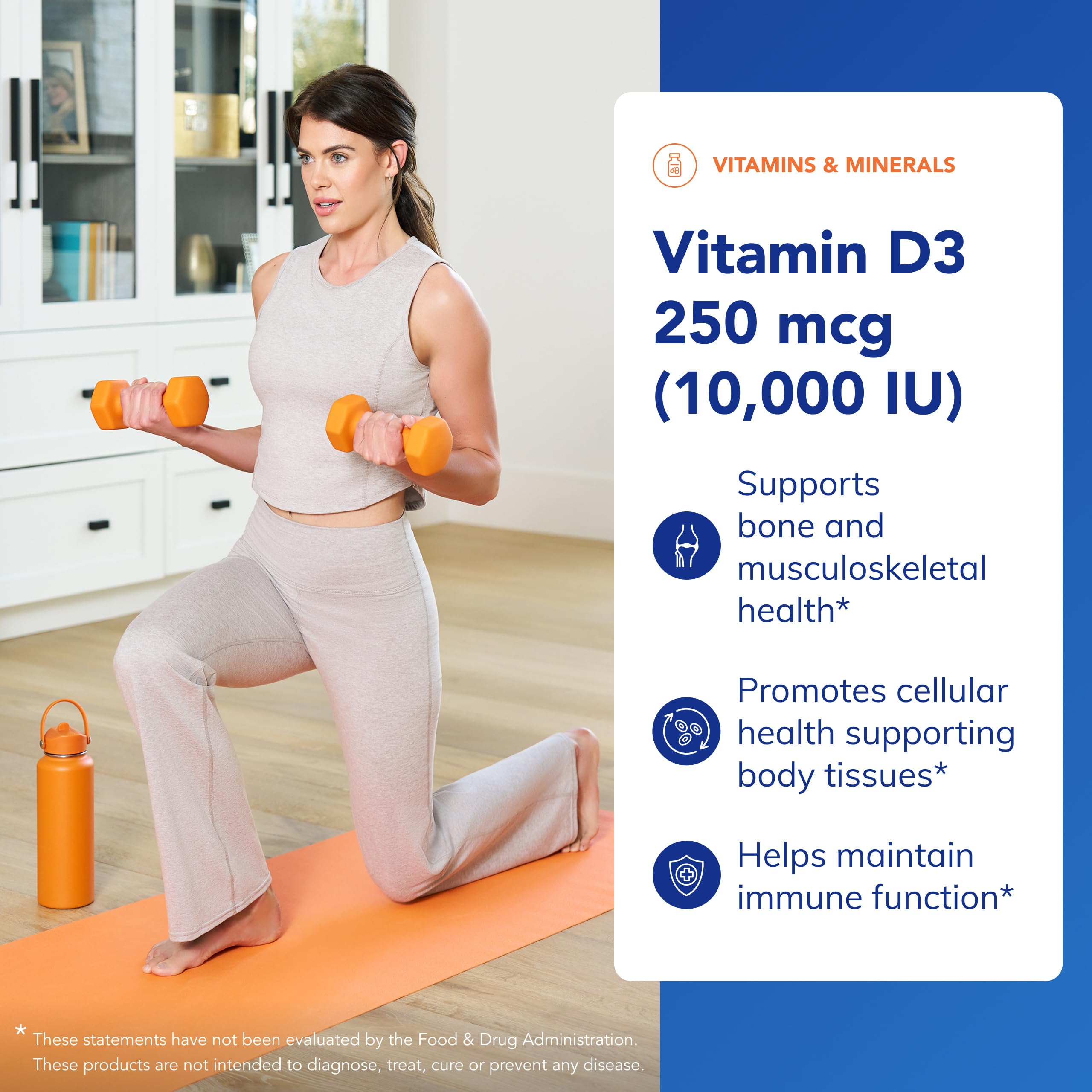 Vitamin D3 bottle pour demonstrating convenient daily dosing.
