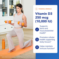 Vitamin D3 bottle pour demonstrating convenient daily dosing.