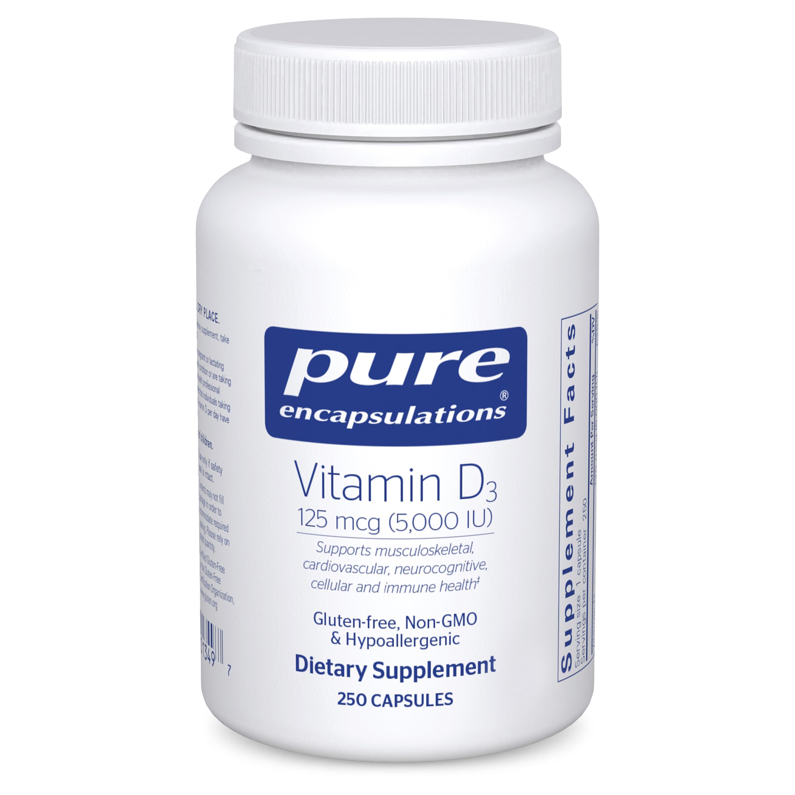 Pure Encapsulations Vitamin D3 bottle—125 mcg for bone support.