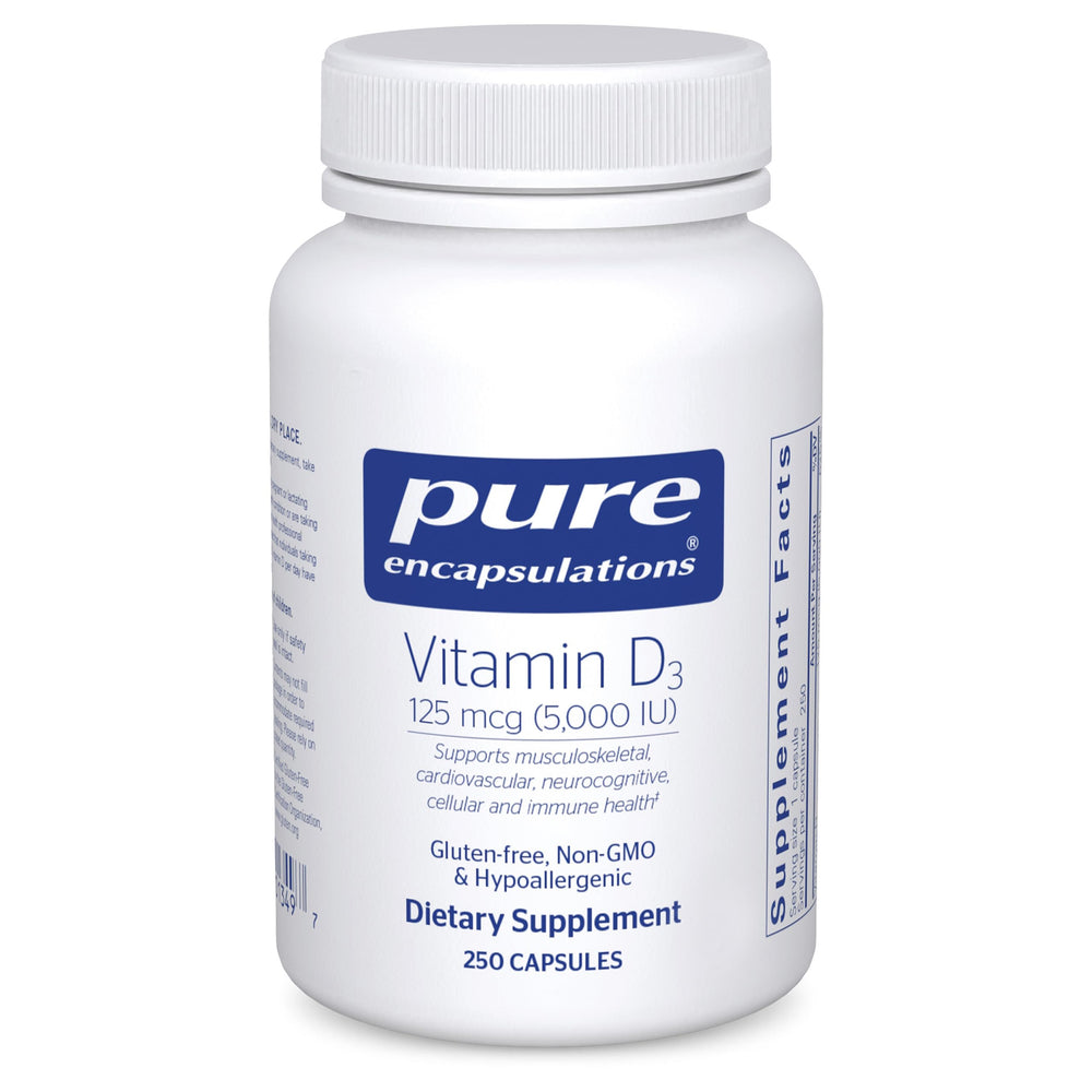 Pure Encapsulations Vitamin D3 bottle—125 mcg for bone support.