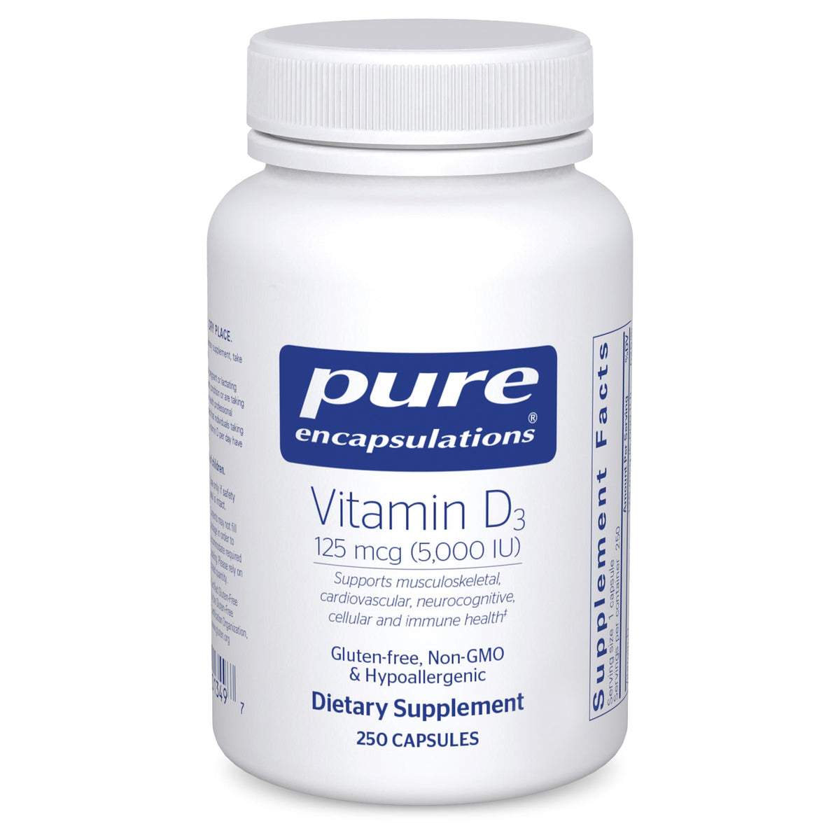 Pure Encapsulations Vitamin D3 bottle—125 mcg for bone support.