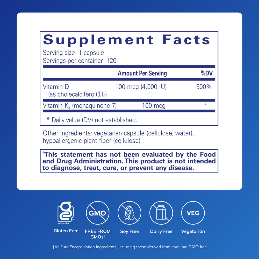 Pure Encapsulations Vitamin D3 & K2 bottle close-up highlights artery health synergy.