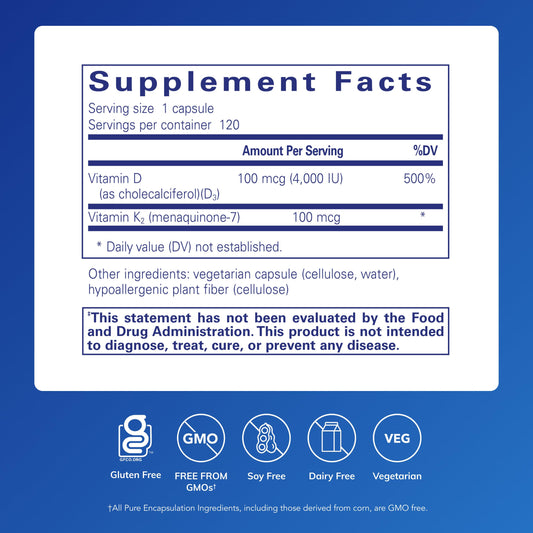 Pure Encapsulations Vitamin D3 & K2 bottle close-up highlights artery health synergy.