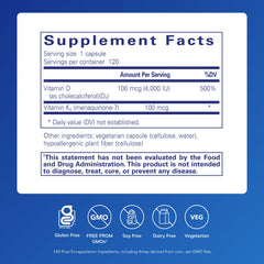 Pure Encapsulations Vitamin D3 & K2 bottle close-up highlights artery health synergy.