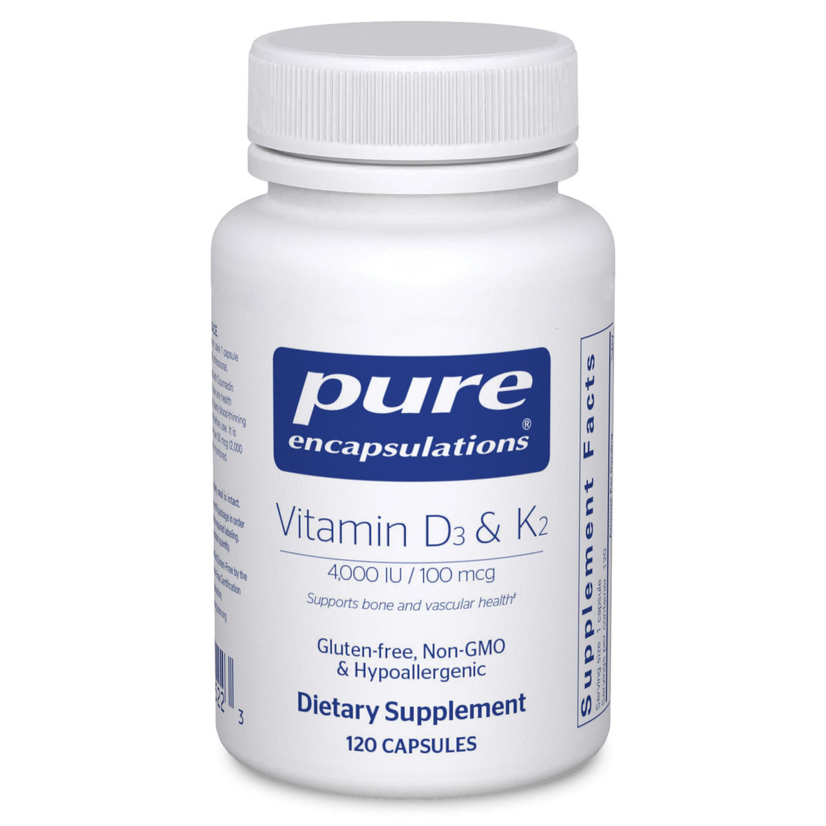 Pure Encapsulations Vitamin D3 & K2 bone support capsules aid calcium absorption.