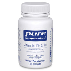 Pure Encapsulations Vitamin D3 & K2 bone support capsules aid calcium absorption.