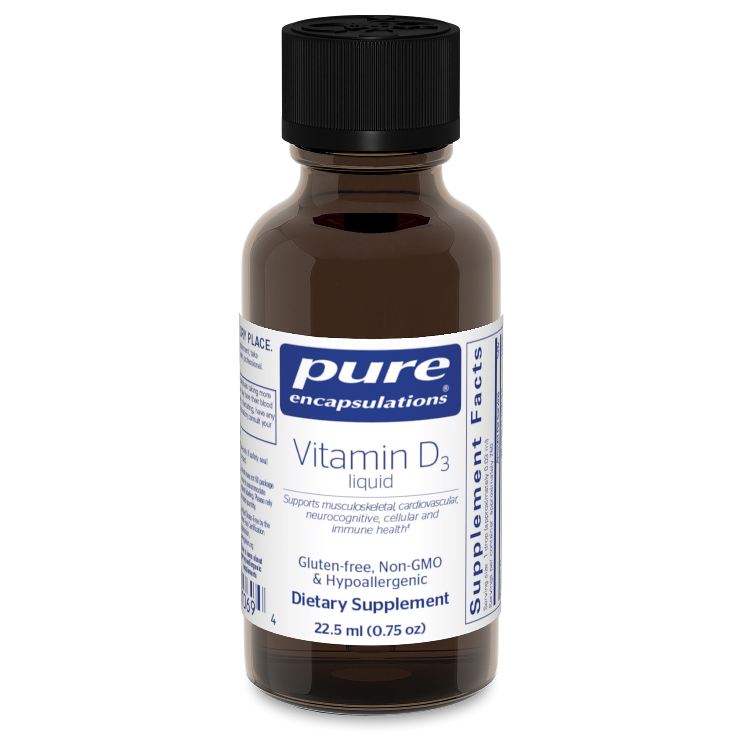 Pure Encapsulations Vitamin D3 Liquid bottle with dropper for easy dosing and bone health.