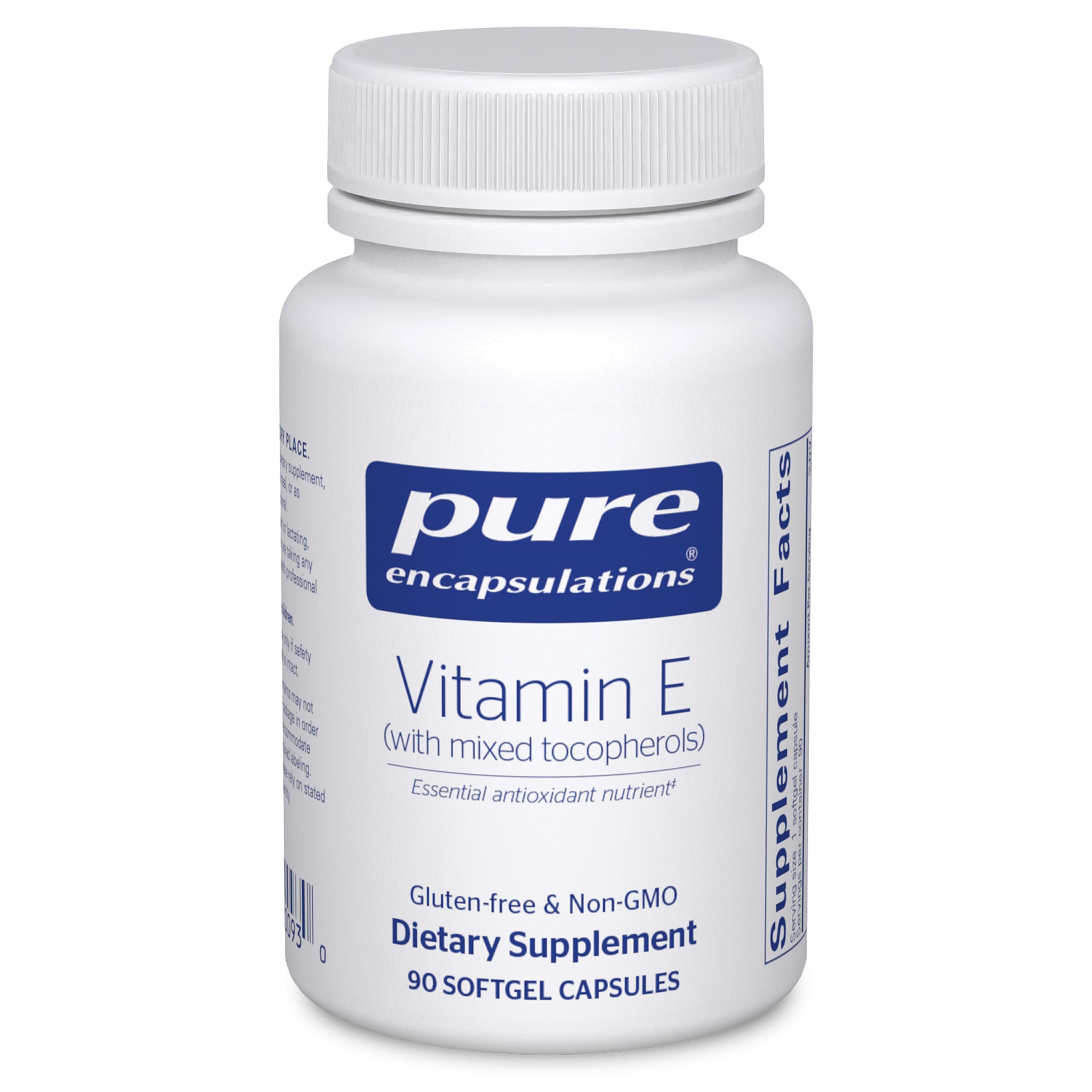 Pure Encapsulations Vitamin E bottle with mixed tocopherols for antioxidant support.