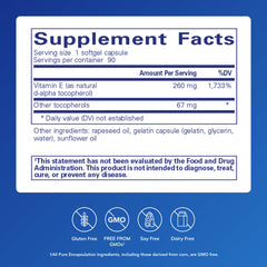 Pure Encapsulations Vitamin E softgels close-up showing easy-to-swallow capsules.