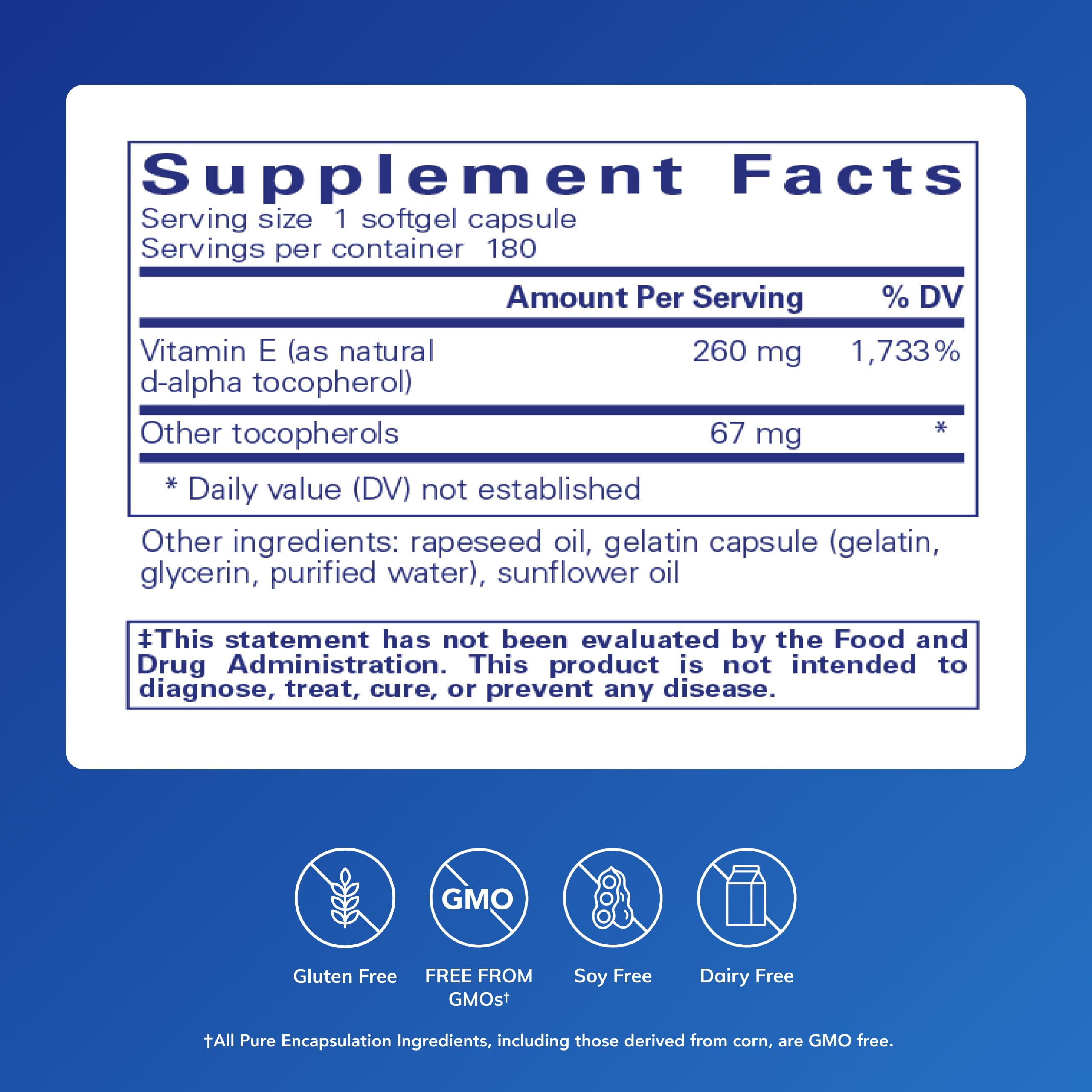 Pure Encapsulations Vitamin E softgels show mixed tocopherols for daily antioxidant support.