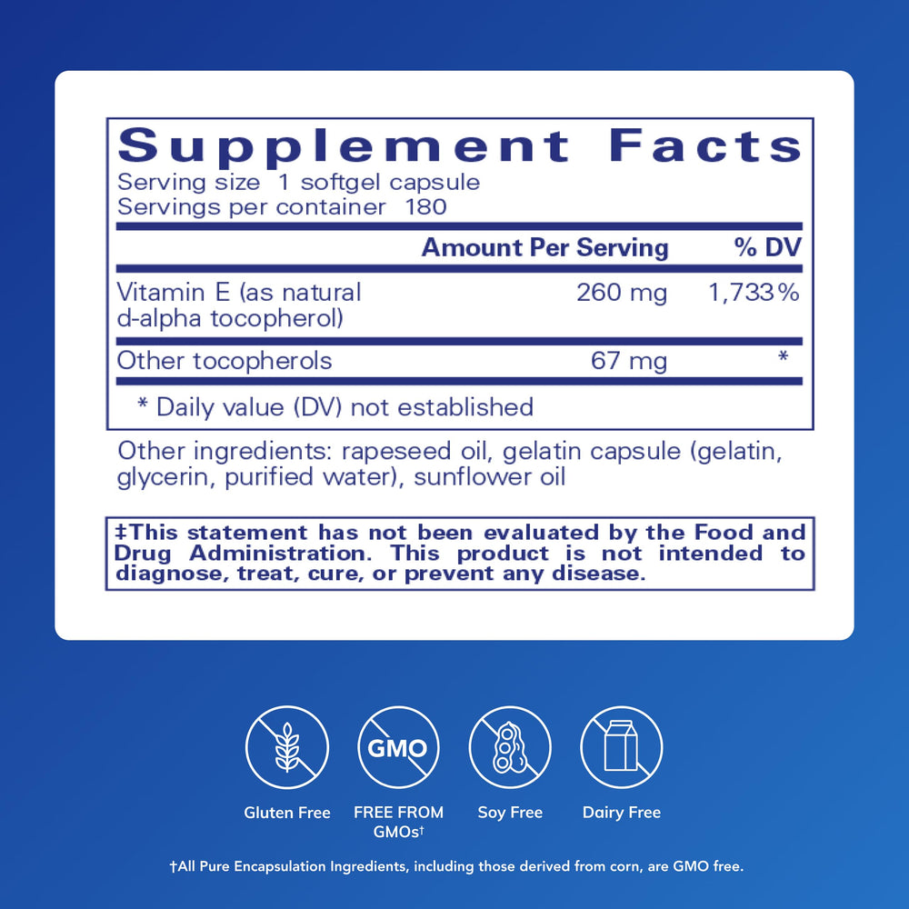 Pure Encapsulations Vitamin E softgels show mixed tocopherols for daily antioxidant support.