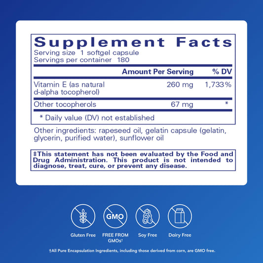 Pure Encapsulations Vitamin E softgels show mixed tocopherols for daily antioxidant support.