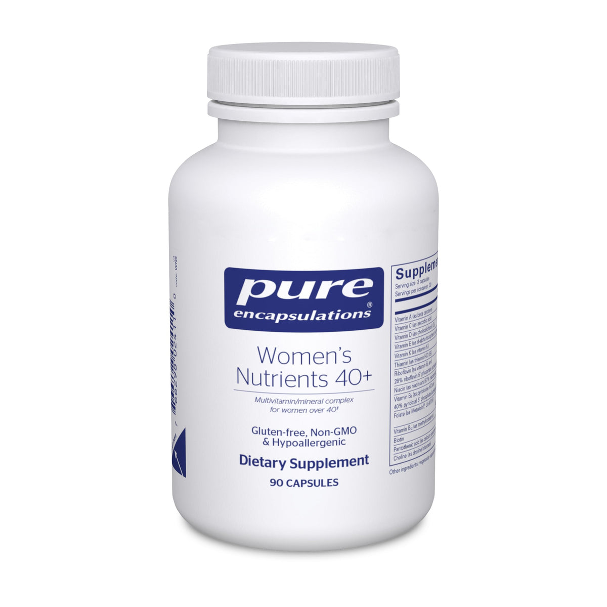 Pure Encapsulations Women's Nutrients 40+ bottle front supports eye health and overall wellness.