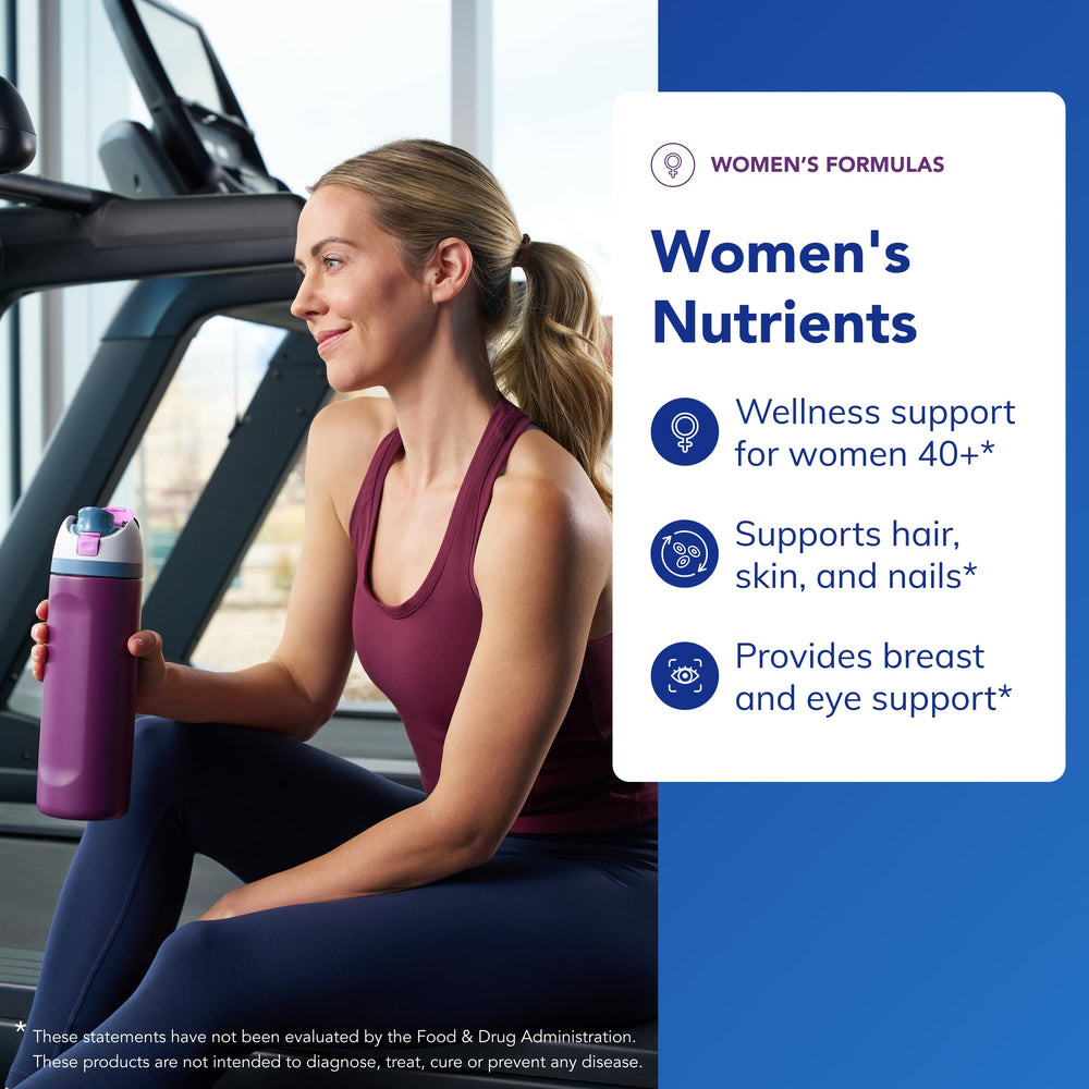 Label closeup displaying Metafolin L-5-MTHF and essential vitamins for women 40+.