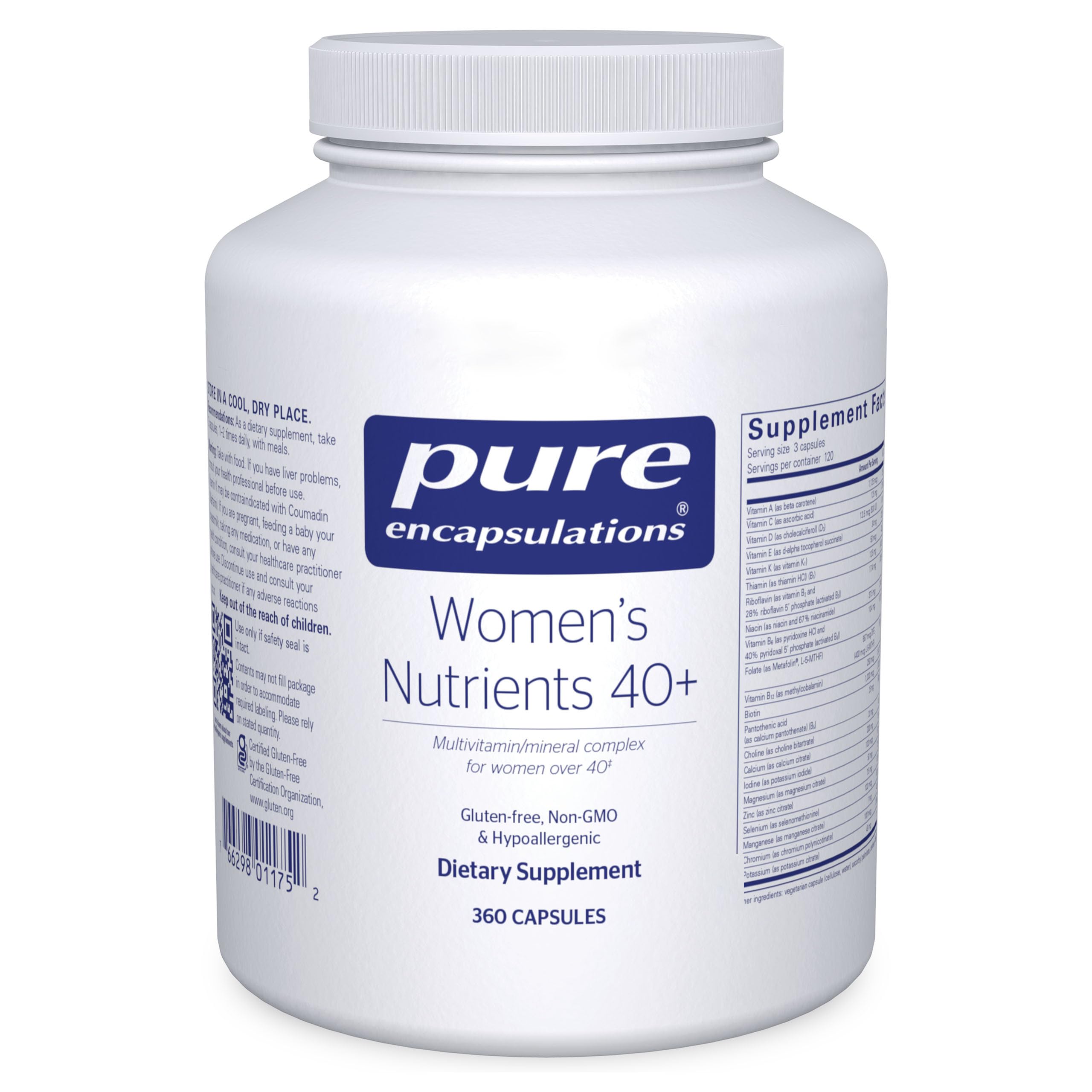 Pure Encapsulations Women's Nutrients 40+ bottle front showing packaging