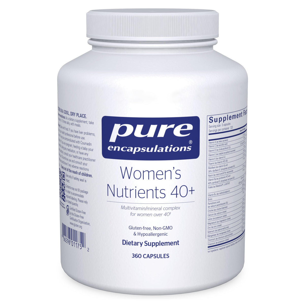 Pure Encapsulations Women's Nutrients 40+ bottle front showing packaging