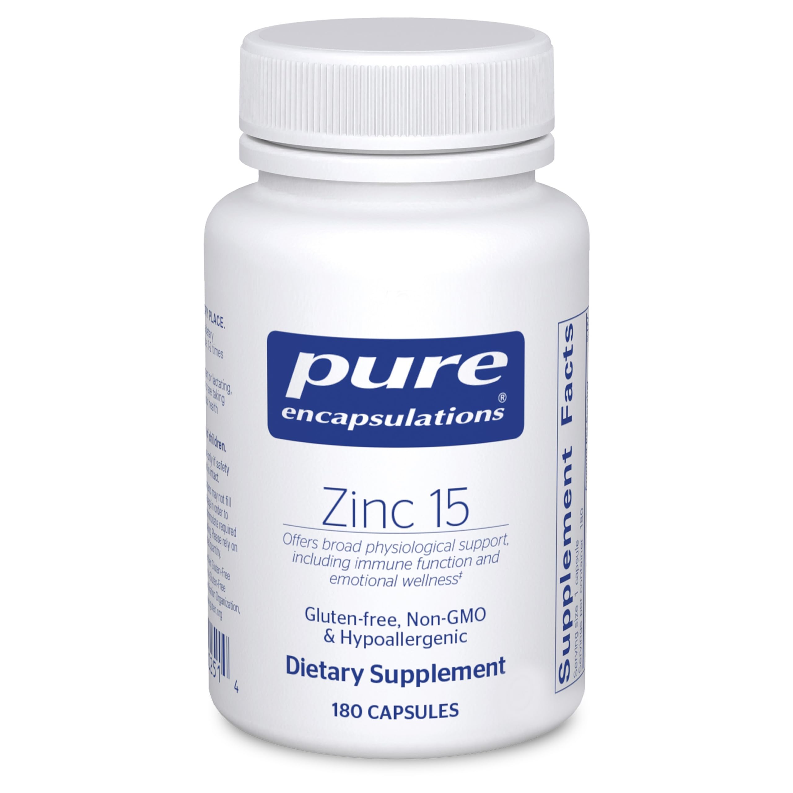 Pure Encapsulations Zinc 15 mg bottle, illustrating steady immune support and daily mineral balance