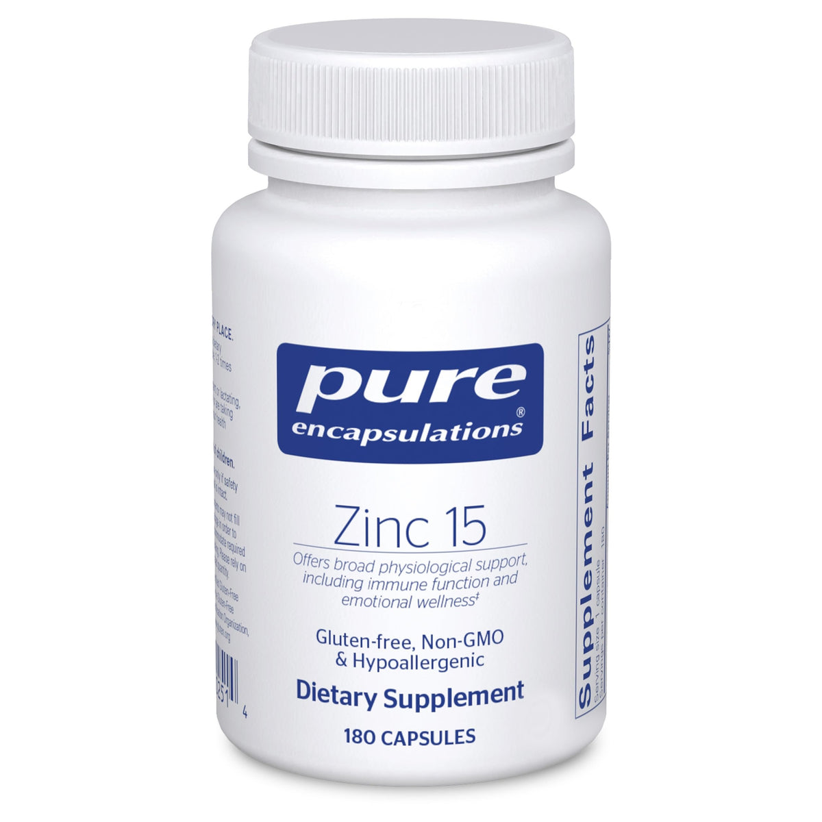 Pure Encapsulations Zinc 15 mg bottle, illustrating steady immune support and daily mineral balance