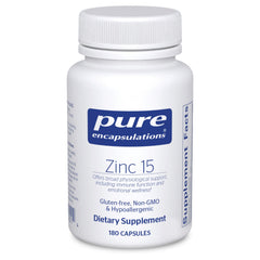 Pure Encapsulations Zinc 15 mg bottle, illustrating steady immune support and daily mineral balance