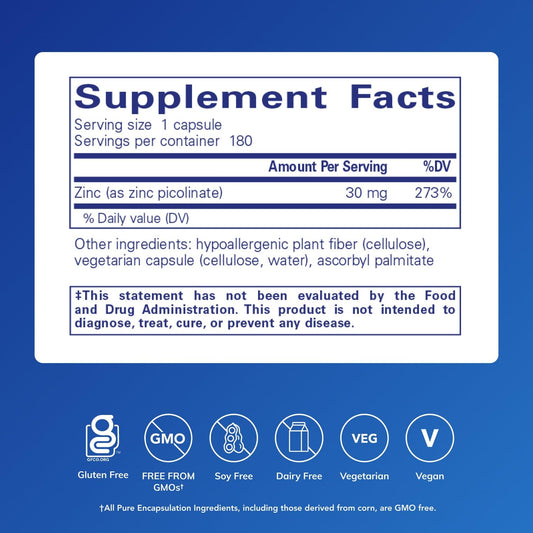 Pure Encapsulations Zinc 30 mg capsules arranged for nutrient metabolism