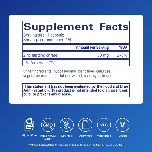 Pure Encapsulations Zinc Citrate capsule closeup highlighting high absorption