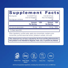 Pure Encapsulations Zinc Liquid 15 mg label closeup showing purity and ingredients