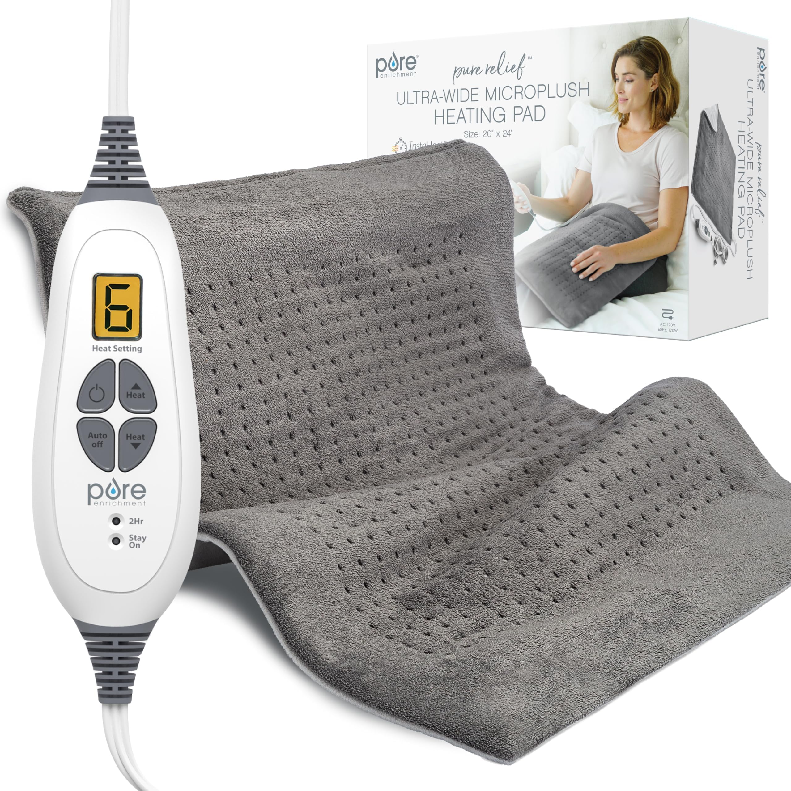 Pure Enrichment PureRelief heating pad covers back and shoulders with soothing warmth.