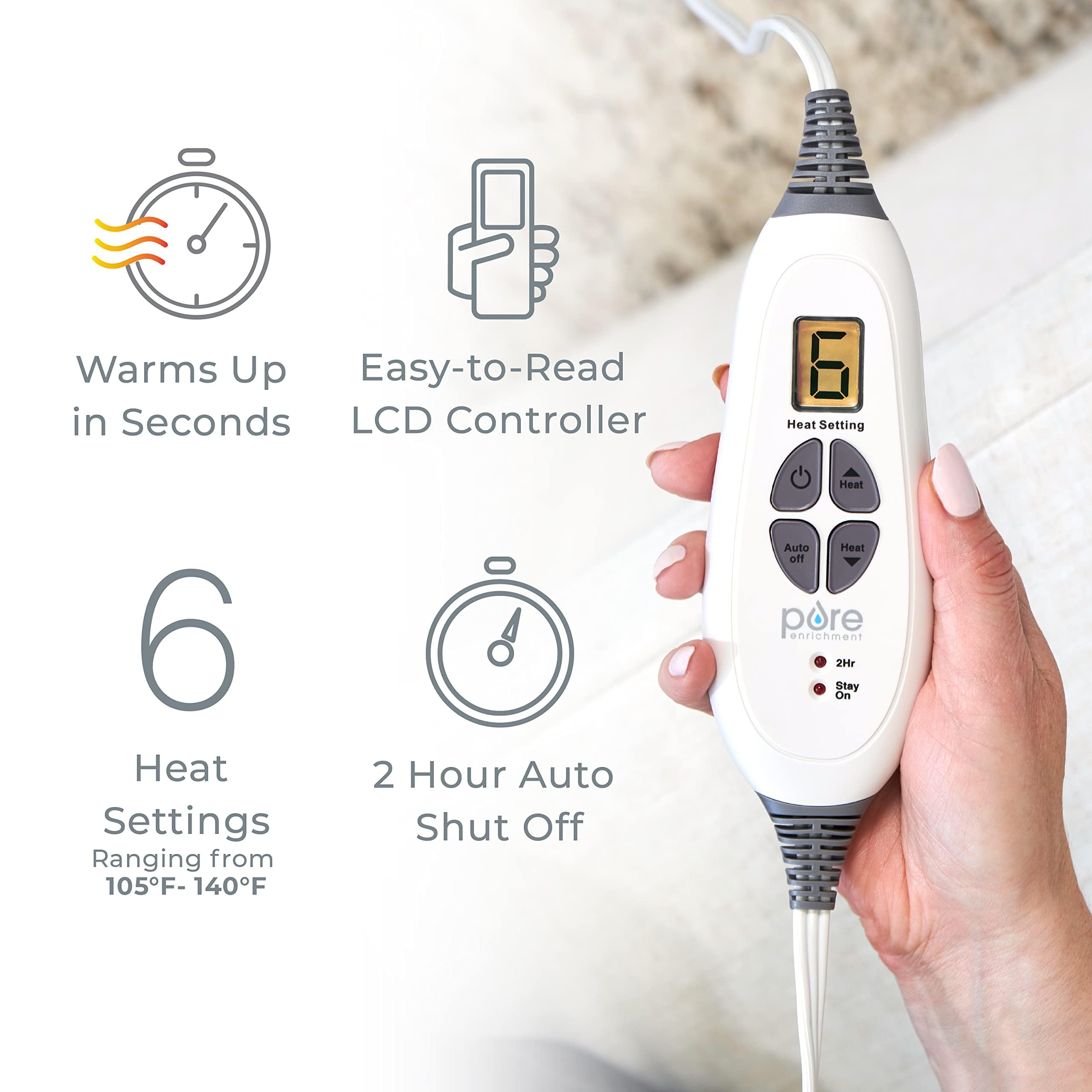 Long 9-foot cord allows flexible placement on bed, couch, or chair.