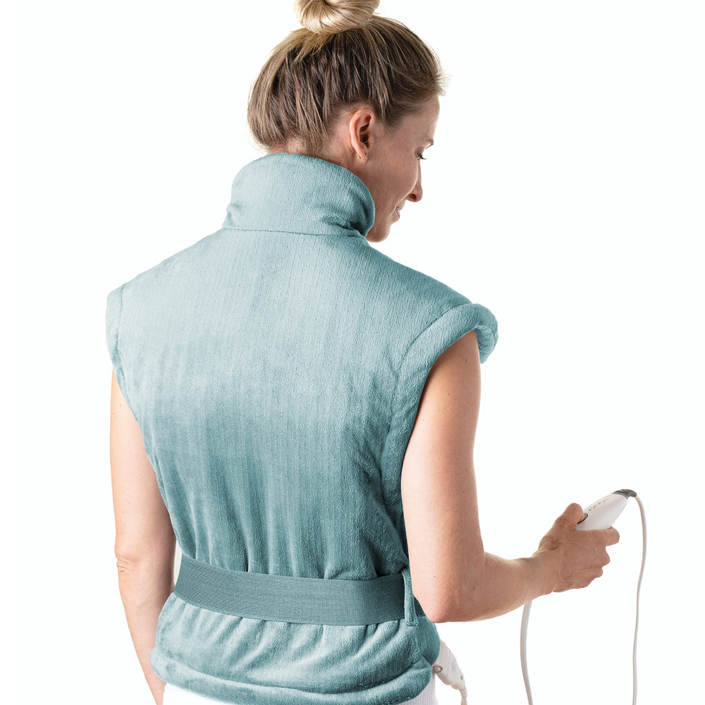 Pure Enrichment PureRelief XL back and neck heating pad in sea glass for soothing warmth on sore areas.