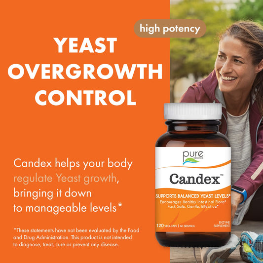 Pure Essence Candex capsules close-up showing natural enzyme formula for gut health.